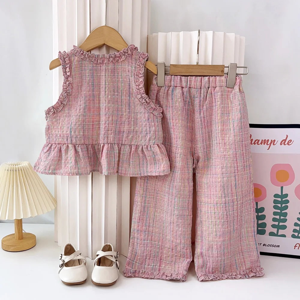 Pink Girl's Summer Two-piece Set with Single Breasted Sleeveless Top and Casual Pants, New Children's Sets Kids Clothes 2