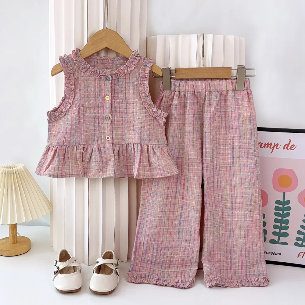 Pink Girl's Summer Two-piece Set with Single Breasted Sleeveless Top and Casual Pants, New Children's Sets Kids Clothes 1