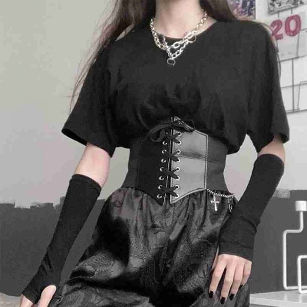 1Pcs Gothic Dark Lace Up Female Waist Corset Belt Wide PU Leather Belts Women Fashion Slimming Waistband Adjustable Dress Girdle 1