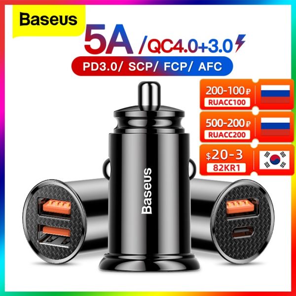 Baseus USB Car Charger Quick Charge 4.0 QC4.0 QC3.0 QC SCP 5A PD Type C 30W Fast Car USB Charger For iPhone Xiaomi Mobile Phone 1