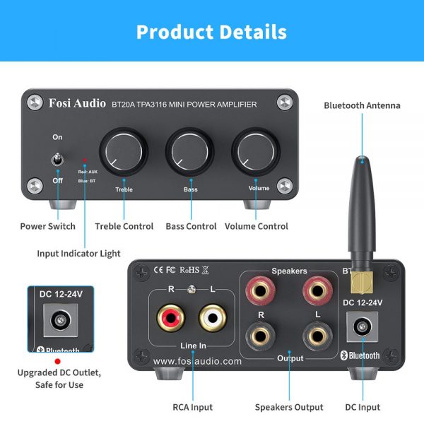 Fosi Audio BT20A Bluetooth TPA3116D2 Sound Power Amplifier 100W Mini HiFi Stereo Class D Amp Bass Treble For Home Theater 2