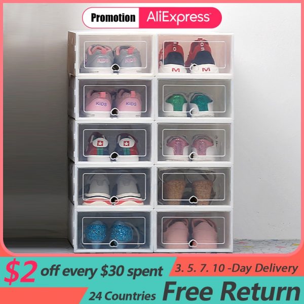 6 Pack Transparent shoe box shoes organizers thickened foldable Dustproof storage box Stackable combined shoe cabinet Sale 1