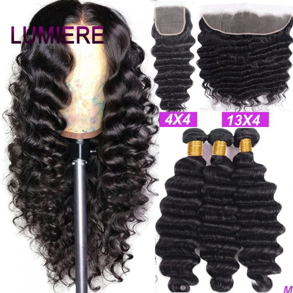 Lumiere Hair Loose Deep Wave Bundles with Closure Peruvian Hair Bundles with Closure Remy 100% Human Hair Bundles with Frontal 1