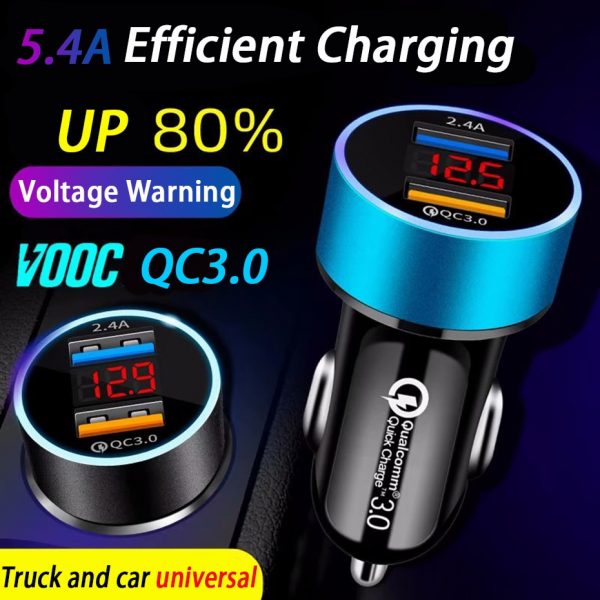 QC3.0+2.4A Dual USB Car Charger LCD Display 12-24V Cigarette Socket Lighter Fast Charger Power Auto USB Adapter Upgraded 2