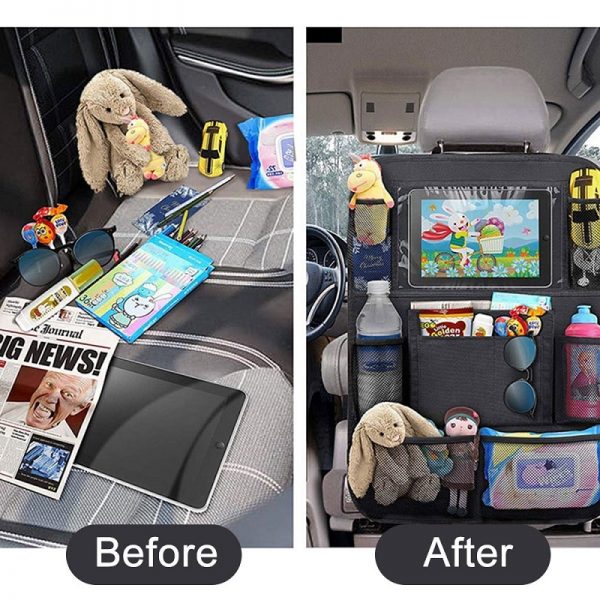 Car Backseat Organizer with Touch Screen Tablet Holder + 9 Storage Pockets Kick Mats Car Seat Back Protectors for Kids Toddlers 2