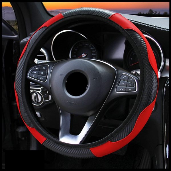 Car Steering Wheel Cover Breathable Anti Slip PU Leather Steering Covers Suitable 37-38cm Auto Decoration Carbon Fiber 2