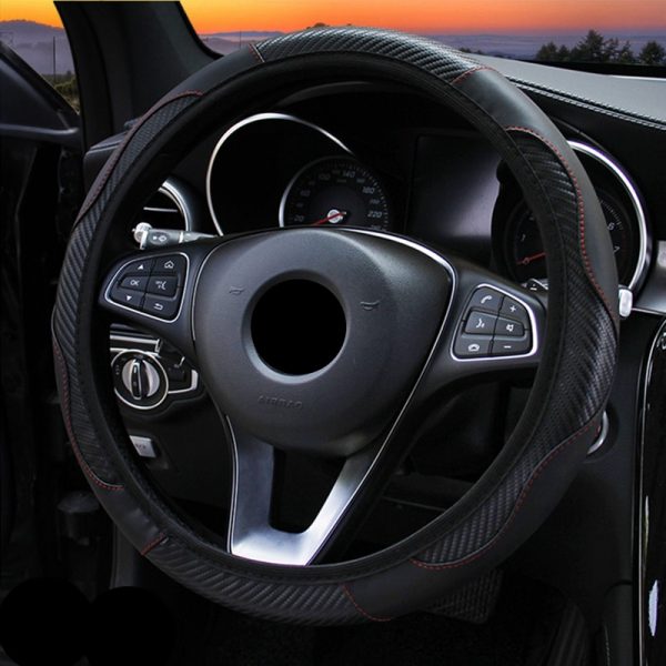 Car Steering Wheel Cover Breathable Anti Slip PU Leather Steering Covers Suitable 37-38cm Auto Decoration Carbon Fiber 4