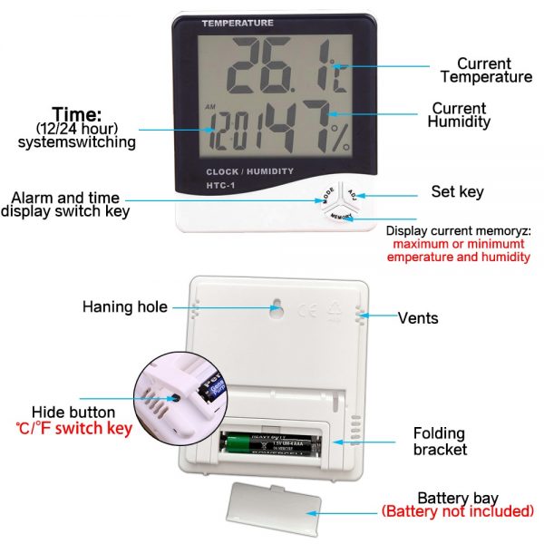 LCD Electronic Digital Temperature Humidity Meter Thermometer Hygrometer Indoor Outdoor Weather Station Clock HTC-1 HTC-2 2