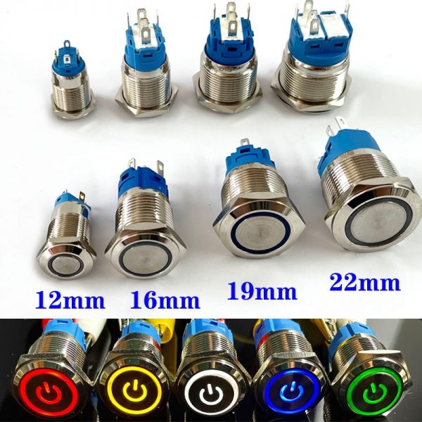 12/16/19/22mm Waterproof Metal Push Button Switch LED Light Momentary Latching Car Engine Power Switch 5V 12V 24V 220V Red Blue 1