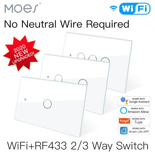 NEW WiFi Smart Light Switch RF433 No Neutral Wire Single Fire Smart Life Tuya App Control Works with Alexa Google Home 110V 220V 1