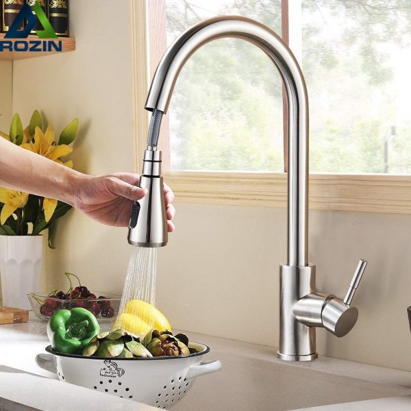 Rozin Brushed Nickel Kitchen Faucet Single Hole Pull Out Spout Kitchen Sink Mixer Tap Stream Sprayer Head Chrome/Black Mixer Tap 1
